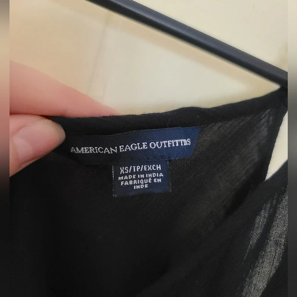 American Eagle Black Blue Floral Embroidery Cold Shoulder Blouse Top - Picture 6 of 6